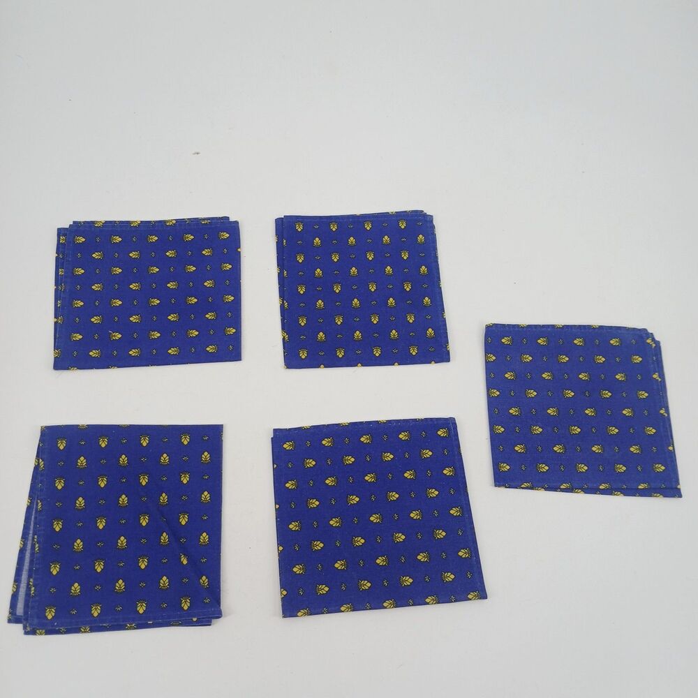 Vintage Royal Blue & Yellow Pineapple Floral Cloth Napkins Set of 5 Cotton
